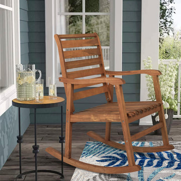 Carey Modern Slat-Back 300-Lbs Support Acacia Wood Patio Outdoor Rocking Chair - JONATHAN Y